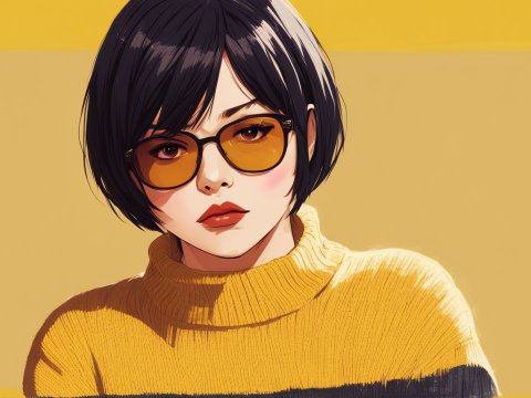 Stylish Young Woman with Short Black Hair and Amber Glasses