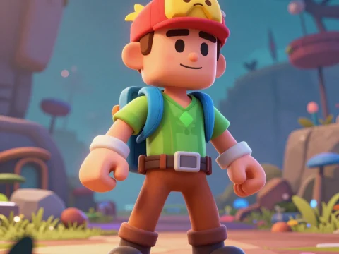 Stylized 3D Adventure Hero in Colorful Fantasy Landscape