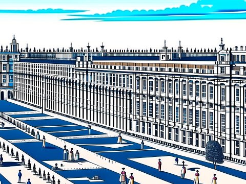 Stylized Architectural Illustration of a Grand Palace and Gardens