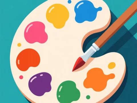Stylized Artist Palette with Vibrant Paint Colors and Brush