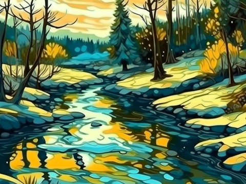 Stylized Autumn River Landscape Illustration