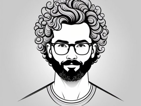Stylized Black and White Portrait of a Man with Curly Hair and Glasses