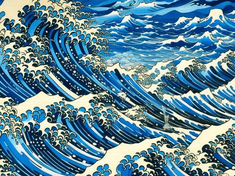 Stylized Blue Ocean Waves in Traditional Japanese Art Style