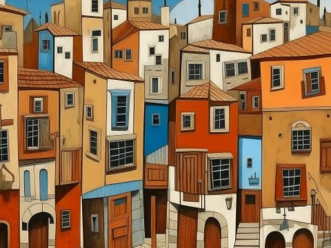 Stylized Brown Town with Colorful Buildings