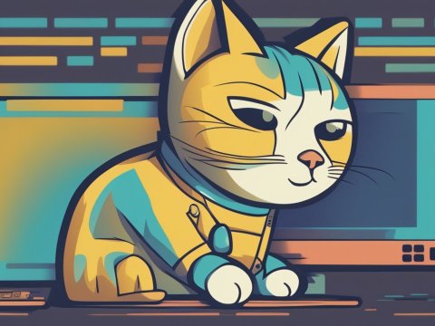 Stylized Cat with Computer in Digital Illustration