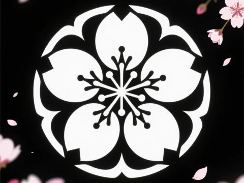 Stylized Cherry Blossom Motif on Black Background