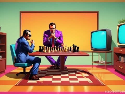 Stylized Chess Duel in Retro Room