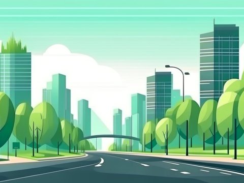 Stylized Cityscape with Road and Green Trees
