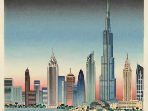 Stylized Dubai Cityscape at Sunset