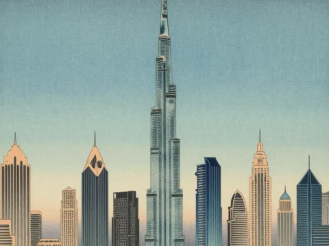 Stylized Dubai Cityscape with Burj Khalifa at Dusk