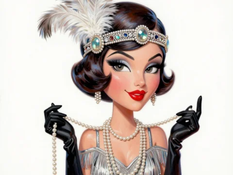 Stylized Flapper Woman with Pearls and Feather Headband