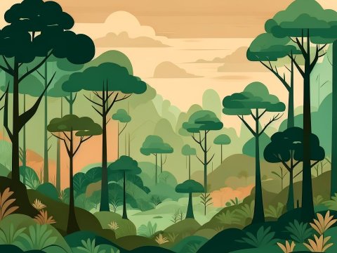 Stylized Forest Landscape with Layered Trees and Foliage