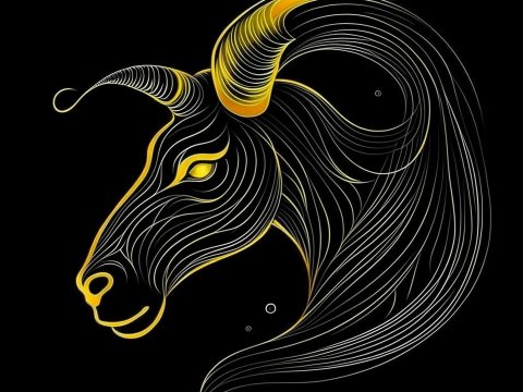 Stylized Golden and White Line Art of a Goat Head