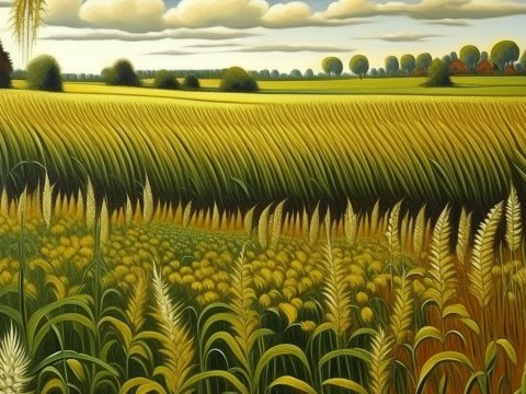 Stylized Golden Wheat Field Under Cloudy Sky