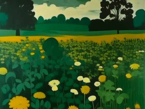 Stylized Green Field with Yellow and White Flowers