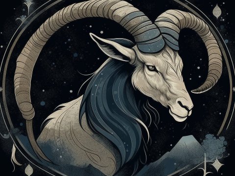 Stylized Illustration of a Mountain Goat with Large Curved Horns