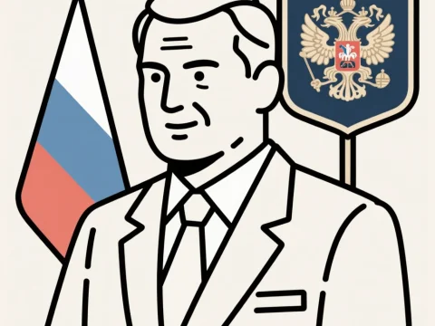 Stylized Illustration of a Politician with Russian Flag and Emblem