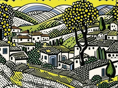 Stylized Illustration of a Small Village in Rolling Hills