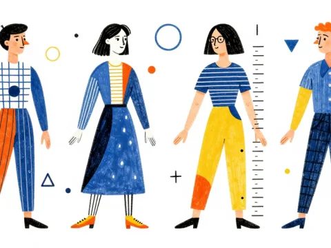 Stylized Illustration of Four Characters with Geometric Patterns
