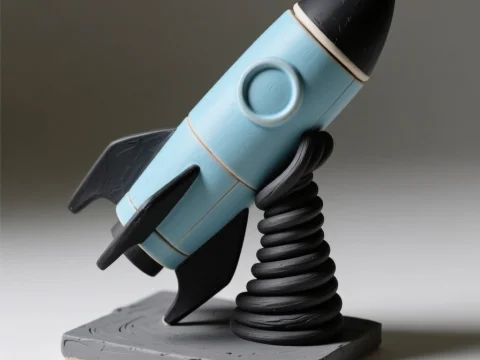Stylized Light Blue Rocket Model on Spiral Stand