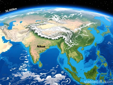Stylized Map of Asia from Space with Topographic Details