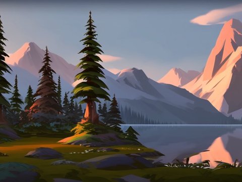 Stylized Mountain Lake Landscape at Sunset