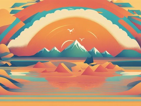 Stylized Mountain Landscape with Vibrant Sunset