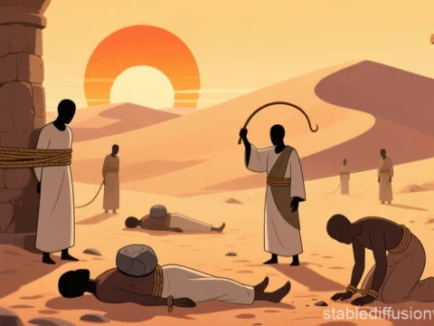 Stylized Neo-Orientalist Desert Scene of Persecution