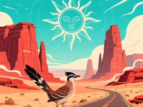 Stylized New Mexico Desert with Roadrunner and Celestial Sun