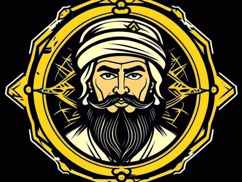 Stylized Portrait of a Bearded Man in Turban with Ornate Frame