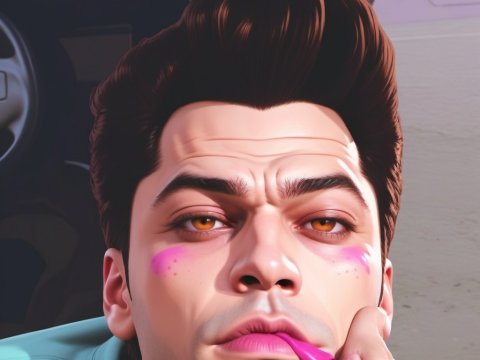 Stylized Portrait of Man Applying Pink Lipstick