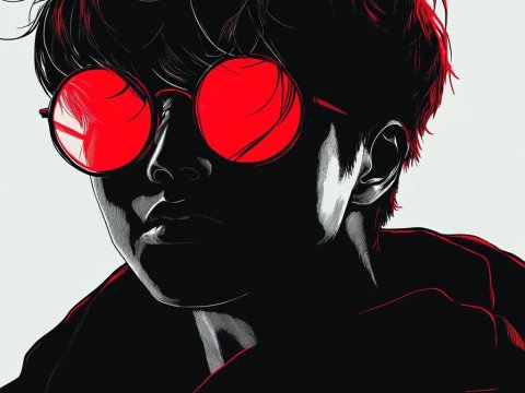 Stylized Portrait with Red Glasses and Hair Highlights