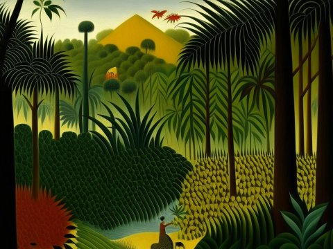 Stylized Rainforest with Yellow Mountain and Figures