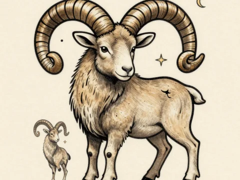 Stylized Ram Illustration with Zodiac Elements