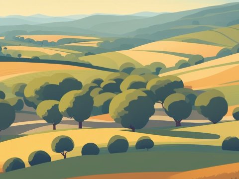 Stylized Rolling Hills Landscape Painting