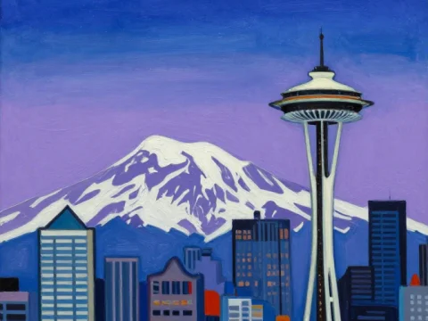 Stylized Seattle Skyline with Mount Rainier at Twilight