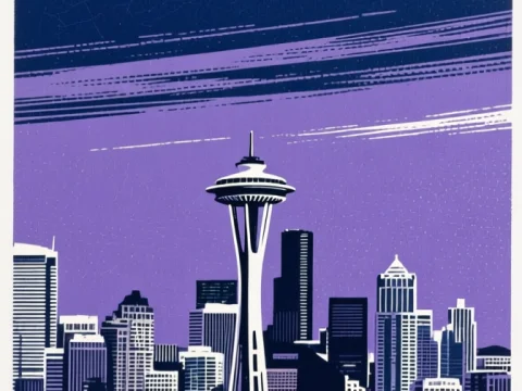 Stylized Seattle Skyline with Space Needle at Dusk