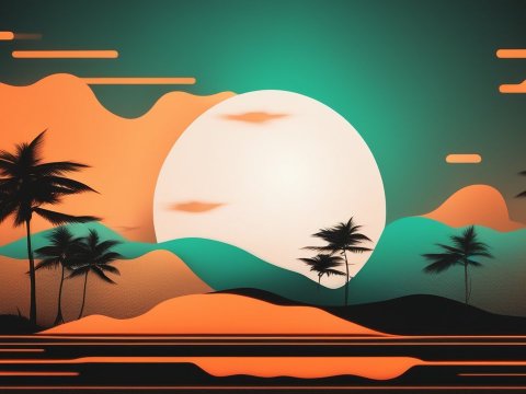 Stylized Tropical Sunset with Palm Trees and Hills