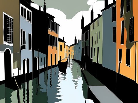 Stylized Venice Canal with Gondola in Minimalist Colors