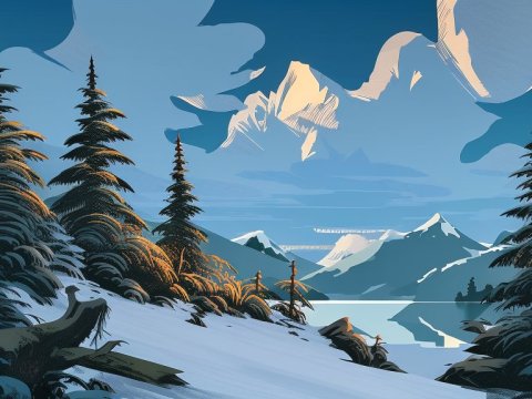 Stylized Winter Landscape with Snowy Pines and Mountains