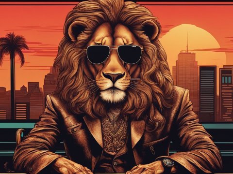 Suave Lion in Sunglasses at Sunset Cityscape
