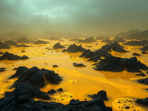 Sulfur-Covered Volcanic Landscape Under Moody Sky