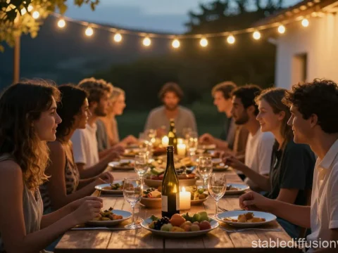 Summer Night Garden Party with Friends Dining Outdoors