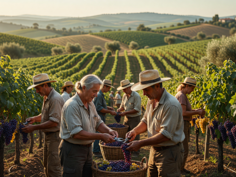 Sun-Kissed Tuscan Vineyard Harvest with Workers Picking Grapes