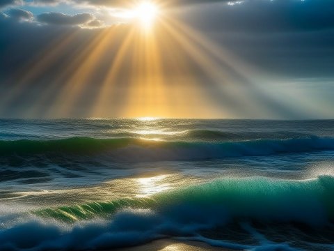 Sun Rays Breaking Through Clouds Over Ocean Waves