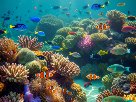 Sunbeams Illuminating a Vibrant Coral Reef with Colorful Fish