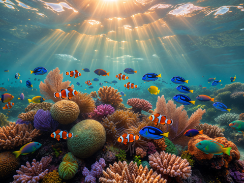 Sunbeams Illuminating Vibrant Coral Reef with Colorful Fish