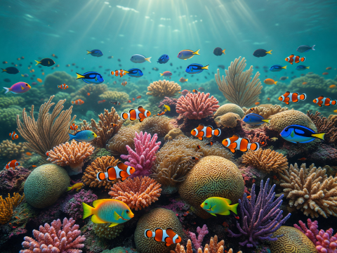 Sunbeams Illuminating Vibrant Coral Reef with Colorful Fish