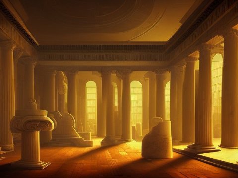 Sunlit Ancient Roman Interior with Columns and Statues