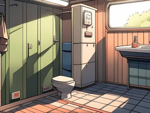 Sunlit Anime Style Toilet Cabin Interior